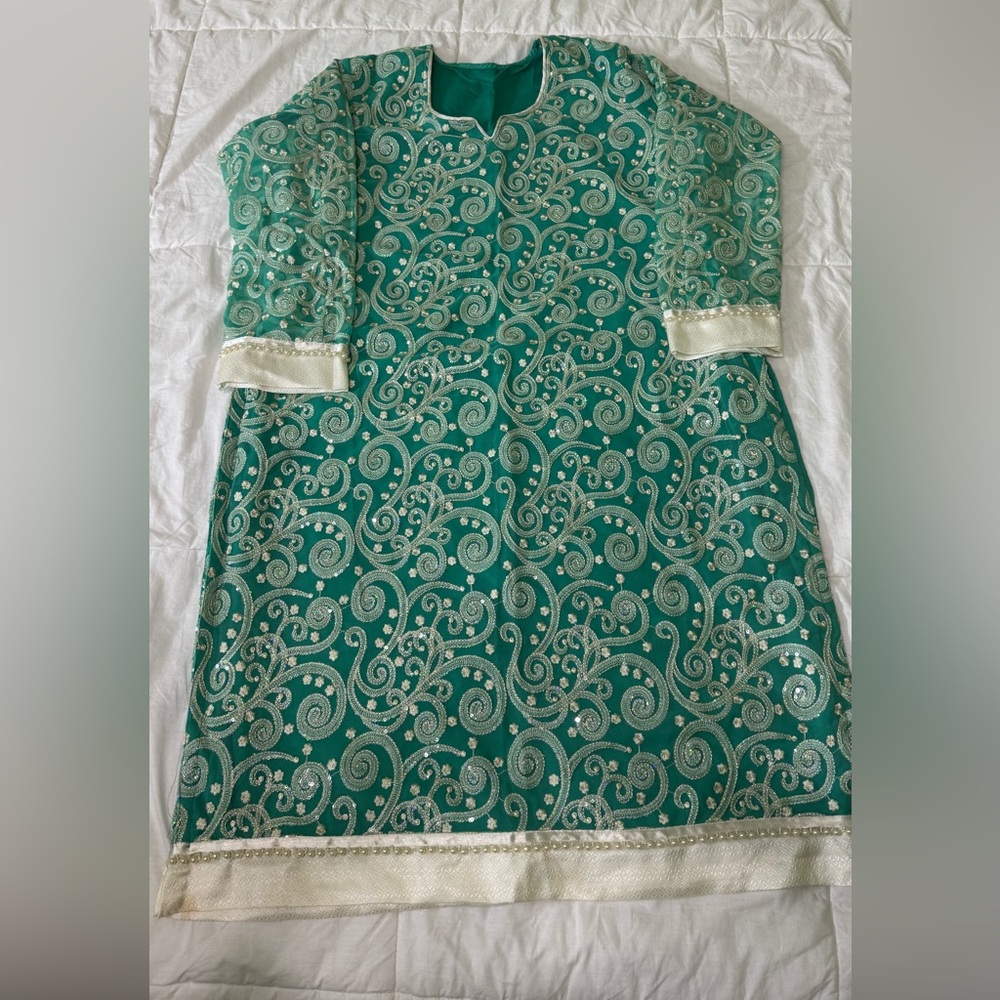 SouthAsian Embellished Teal Green Kurta with Sequined Silver Swirl Embroidery